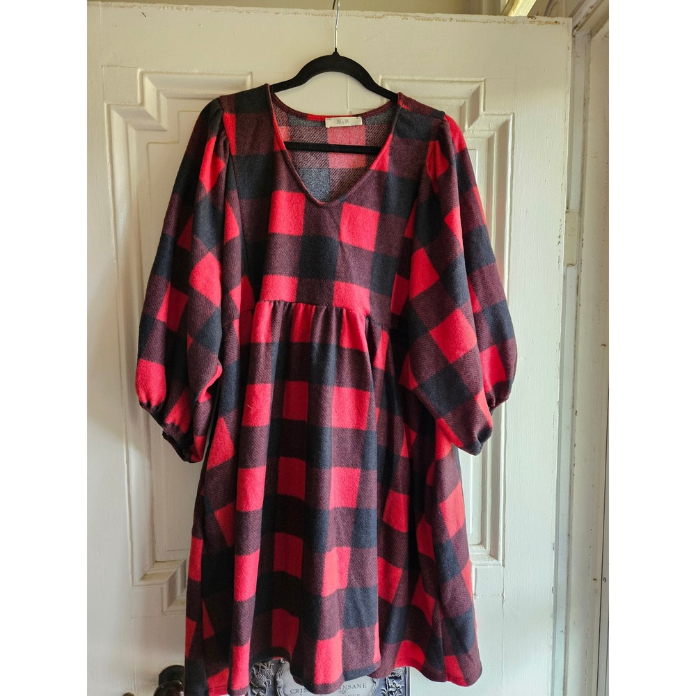Jade by Jane Red Black Buffalo Plaid Puff Sleeve Babydoll Dress 2XL KRD4251P